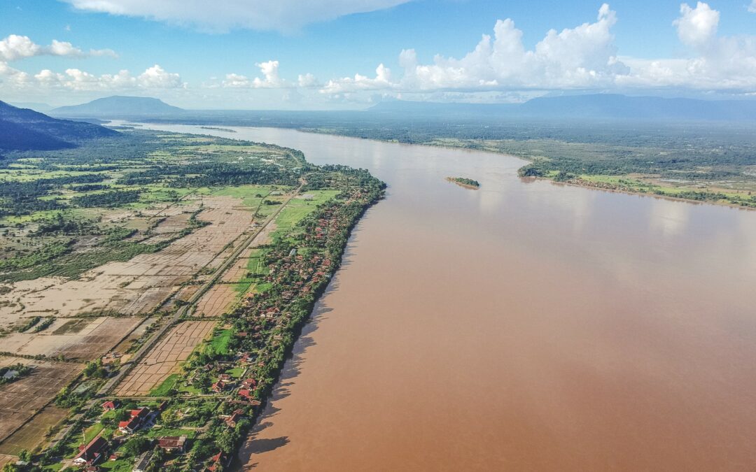 Aerial view of the wide Mekong River in Champasak Province, Southern Laos