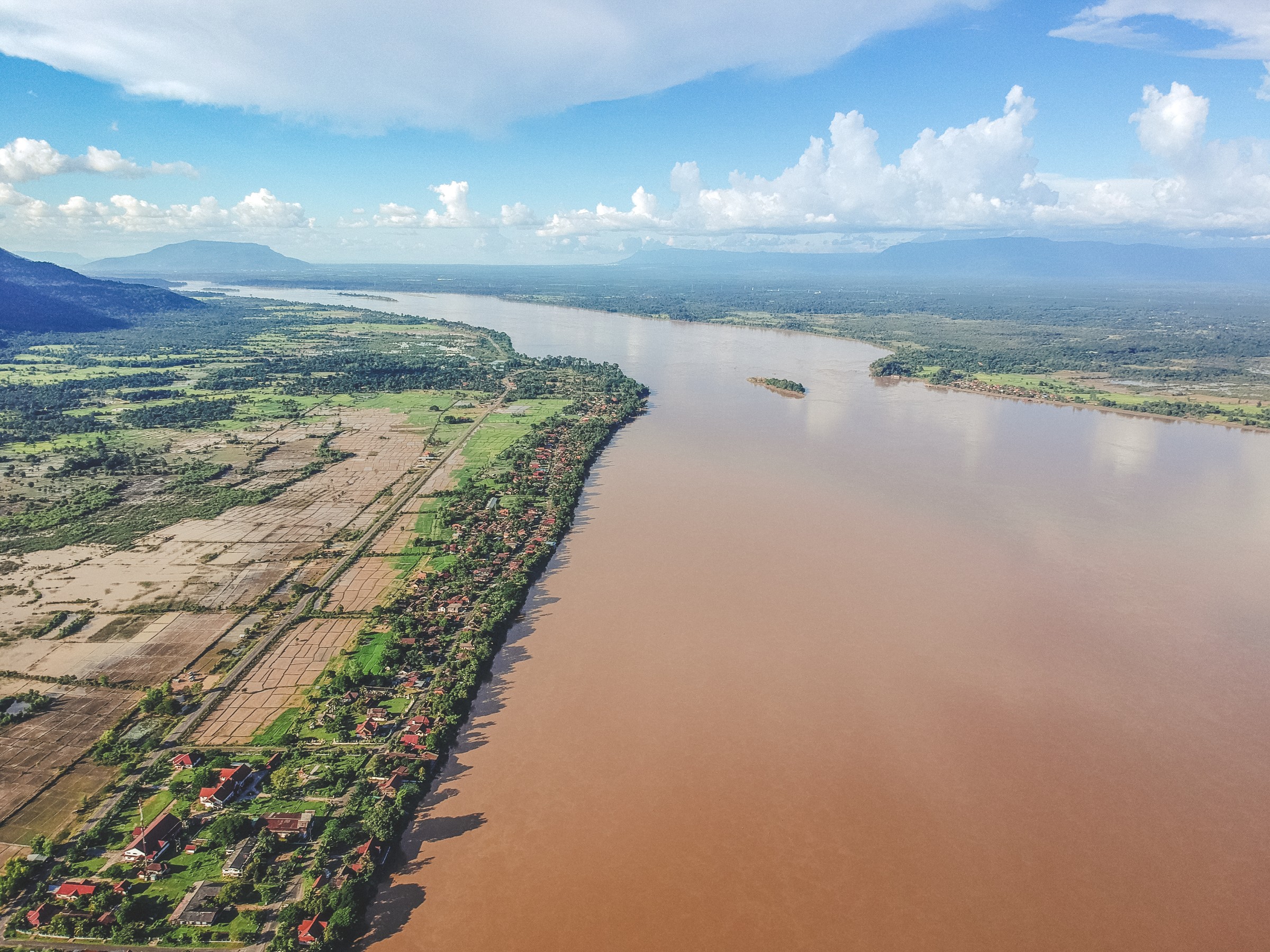 Aerial view of the wide Mekong River in Champasak Province, Southern Laos